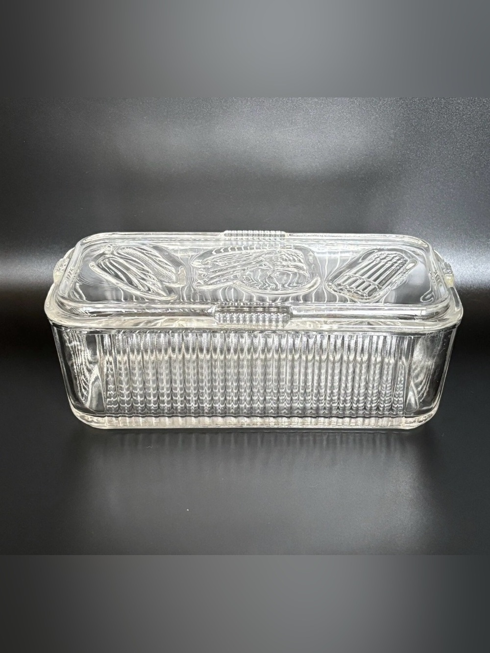 Vintage Federal Glass Clear Ribbed Refrigerator Dish Rectangle Vegetables On Lid